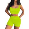 imageQINSEN Workout Sets for Women 2 Piece Seamless Ribbed Crop Tank High Waist Shorts Yoga OutfitsBright Green