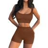 imageQINSEN Workout Sets for Women 2 Piece Seamless Ribbed Crop Tank High Waist Shorts Yoga OutfitsBrown