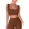 imageQINSEN Workout Sets for Women 2 Piece Seamless Ribbed Crop Tank High Waist Shorts Yoga OutfitsBrown