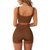 imageQINSEN Workout Sets for Women 2 Piece Seamless Ribbed Crop Tank High Waist Shorts Yoga OutfitsBrown