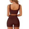 imageQINSEN Workout Sets for Women 2 Piece Seamless Ribbed Crop Tank High Waist Shorts Yoga OutfitsCoffee