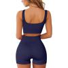 imageQINSEN Workout Sets for Women 2 Piece Seamless Ribbed Crop Tank High Waist Shorts Yoga OutfitsDark Blue
