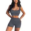 imageQINSEN Workout Sets for Women 2 Piece Seamless Ribbed Crop Tank High Waist Shorts Yoga OutfitsDark Grey