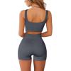 imageQINSEN Workout Sets for Women 2 Piece Seamless Ribbed Crop Tank High Waist Shorts Yoga OutfitsDark Grey