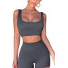 imageQINSEN Workout Sets for Women 2 Piece Seamless Ribbed Crop Tank High Waist Shorts Yoga OutfitsDark Grey