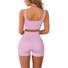 imageQINSEN Workout Sets for Women 2 Piece Seamless Ribbed Crop Tank High Waist Shorts Yoga OutfitsDusty Pink