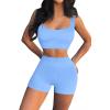 imageQINSEN Workout Sets for Women 2 Piece Seamless Ribbed Crop Tank High Waist Shorts Yoga OutfitsLight Blue