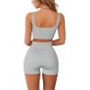 imageQINSEN Workout Sets for Women 2 Piece Seamless Ribbed Crop Tank High Waist Shorts Yoga OutfitsLight Grey