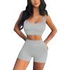 imageQINSEN Workout Sets for Women 2 Piece Seamless Ribbed Crop Tank High Waist Shorts Yoga OutfitsLight Grey