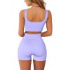 imageQINSEN Workout Sets for Women 2 Piece Seamless Ribbed Crop Tank High Waist Shorts Yoga OutfitsLight Purple