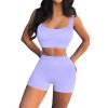 imageQINSEN Workout Sets for Women 2 Piece Seamless Ribbed Crop Tank High Waist Shorts Yoga OutfitsLight Purple
