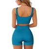 imageQINSEN Workout Sets for Women 2 Piece Seamless Ribbed Crop Tank High Waist Shorts Yoga OutfitsPeackock Blue