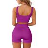 imageQINSEN Workout Sets for Women 2 Piece Seamless Ribbed Crop Tank High Waist Shorts Yoga OutfitsRaspberry Sherbet