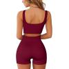 imageQINSEN Workout Sets for Women 2 Piece Seamless Ribbed Crop Tank High Waist Shorts Yoga OutfitsWine