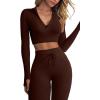 imageQINSEN Long Sleeve Workout Shirt for Women High Funnel Neck Crop Tops Tummy Control Leggings Fitted 2 Pieces SetsY118 Coffee