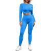 imageQINSEN Seamless Workout Outfits for Women 2 Piece Ribbed Long Sleeve Crop Top Tummy Control Leggings Sets