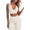 imageQINSEN Womens Yoga Leggings 2 Piece Outfits Running Crop Top Seamless High Waist Leggings Beige M