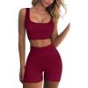 imageQINSEN Workout Sets for Women 2 Piece Seamless Ribbed Crop Tank High Waist Shorts Yoga OutfitsWine