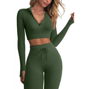 imageQINSEN Long Sleeve Workout Shirt for Women High Funnel Neck Crop Tops Tummy Control Leggings Fitted 2 Pieces SetsY118 Army Green