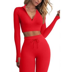 imageQINSEN Long Sleeve Workout Shirt for Women High Funnel Neck Crop Tops Tummy Control Leggings Fitted 2 Pieces SetsY118 Red