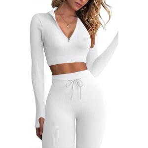 imageQINSEN Long Sleeve Workout Shirt for Women High Funnel Neck Crop Tops Tummy Control Leggings Fitted 2 Pieces SetsY118 White