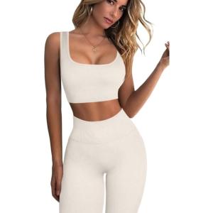 imageQINSEN Ribbed Workout Outfits for Women 2 Piece Seamless Sport Bra High Waist Yoga Leggings SetsBeige