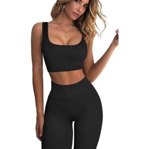 imageQINSEN Ribbed Workout Outfits for Women 2 Piece Seamless Sport Bra High Waist Yoga Leggings SetsBlack