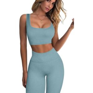 imageQINSEN Ribbed Workout Outfits for Women 2 Piece Seamless Sport Bra High Waist Yoga Leggings SetsBlue