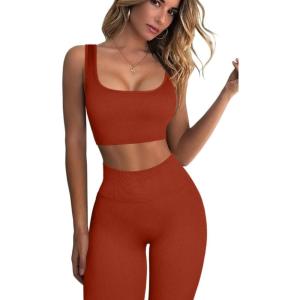 imageQINSEN Ribbed Workout Outfits for Women 2 Piece Seamless Sport Bra High Waist Yoga Leggings SetsBrickred