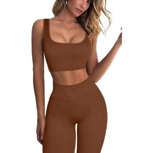 imageQINSEN Ribbed Workout Outfits for Women 2 Piece Seamless Sport Bra High Waist Yoga Leggings SetsBrown