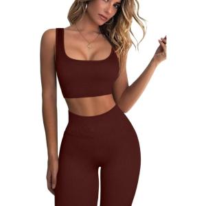 imageQINSEN Ribbed Workout Outfits for Women 2 Piece Seamless Sport Bra High Waist Yoga Leggings SetsCoffee