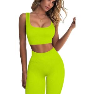 imageQINSEN Ribbed Workout Outfits for Women 2 Piece Seamless Sport Bra High Waist Yoga Leggings SetsNeon Green