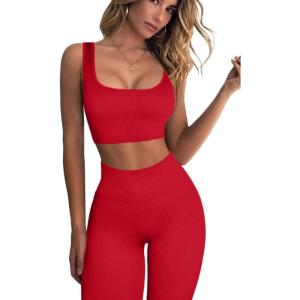 imageQINSEN Ribbed Workout Outfits for Women 2 Piece Seamless Sport Bra High Waist Yoga Leggings SetsRed