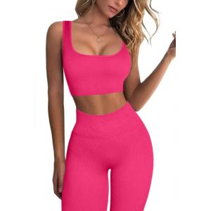 imageQINSEN Ribbed Workout Outfits for Women 2 Piece Seamless Sport Bra High Waist Yoga Leggings SetsRosy