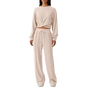 imageQINSEN Women 2 Piece Outfits Sweatsuit Set Twist Front Cropped Sweatshirt Wide Leg Sweatpant Lounge Set TracksuitBeige