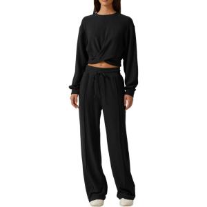 imageQINSEN Women 2 Piece Outfits Sweatsuit Set Twist Front Cropped Sweatshirt Wide Leg Sweatpant Lounge Set TracksuitBlack