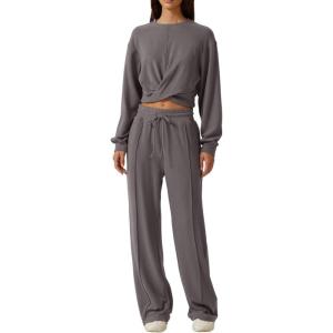 imageQINSEN Women 2 Piece Outfits Sweatsuit Set Twist Front Cropped Sweatshirt Wide Leg Sweatpant Lounge Set TracksuitBlackened Peal