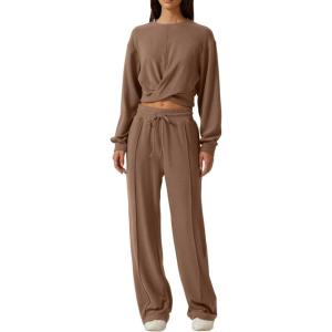 imageQINSEN Women 2 Piece Outfits Sweatsuit Set Twist Front Cropped Sweatshirt Wide Leg Sweatpant Lounge Set TracksuitCaramel
