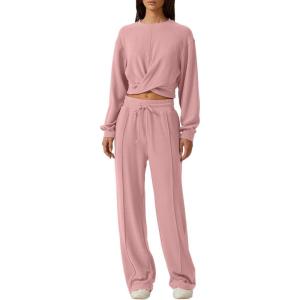 imageQINSEN Women 2 Piece Outfits Sweatsuit Set Twist Front Cropped Sweatshirt Wide Leg Sweatpant Lounge Set TracksuitDusty Pink