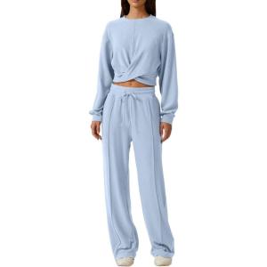 imageQINSEN Women 2 Piece Outfits Sweatsuit Set Twist Front Cropped Sweatshirt Wide Leg Sweatpant Lounge Set TracksuitSky Blue