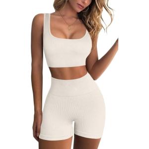 imageQINSEN Workout Sets for Women 2 Piece Seamless Ribbed Crop Tank High Waist Shorts Yoga OutfitsBeige