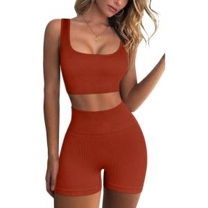 imageQINSEN Workout Sets for Women 2 Piece Seamless Ribbed Crop Tank High Waist Shorts Yoga OutfitsBrick Red