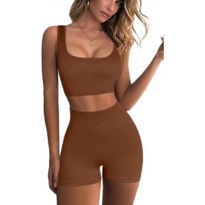 imageQINSEN Workout Sets for Women 2 Piece Seamless Ribbed Crop Tank High Waist Shorts Yoga OutfitsBrown