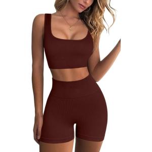 imageQINSEN Workout Sets for Women 2 Piece Seamless Ribbed Crop Tank High Waist Shorts Yoga OutfitsCoffee