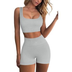 imageQINSEN Workout Sets for Women 2 Piece Seamless Ribbed Crop Tank High Waist Shorts Yoga OutfitsLight Grey