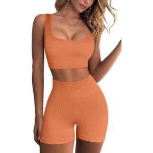 imageQINSEN Workout Sets for Women 2 Piece Seamless Ribbed Crop Tank High Waist Shorts Yoga OutfitsLight Orange