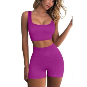 imageQINSEN Workout Sets for Women 2 Piece Seamless Ribbed Crop Tank High Waist Shorts Yoga OutfitsRaspberry Sherbet