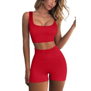 imageQINSEN Workout Sets for Women 2 Piece Seamless Ribbed Crop Tank High Waist Shorts Yoga OutfitsRed
