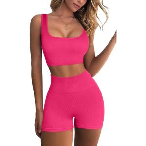 imageQINSEN Workout Sets for Women 2 Piece Seamless Ribbed Crop Tank High Waist Shorts Yoga OutfitsRosy