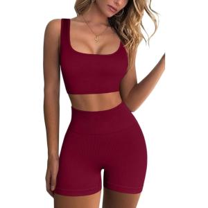 imageQINSEN Workout Sets for Women 2 Piece Seamless Ribbed Crop Tank High Waist Shorts Yoga OutfitsWine